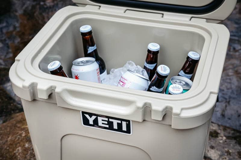yeti roadie 24 filled with ice and drinks
