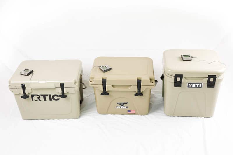 closeup ice test on rtic yeti and orca coolers